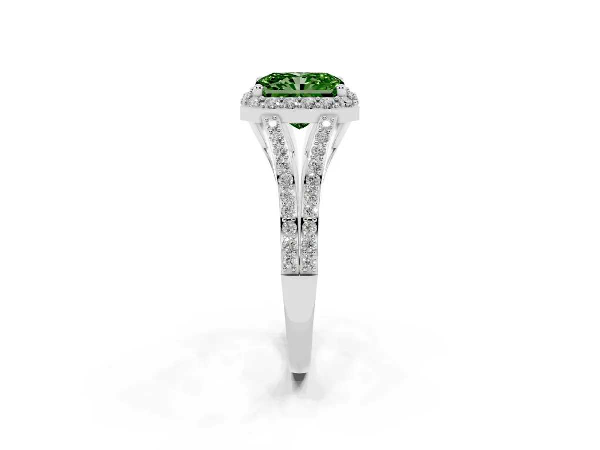 Fancy Green Radiant Cut Halo Split Shank Pave Diamond Ring with Four-Prong Setting Platinum