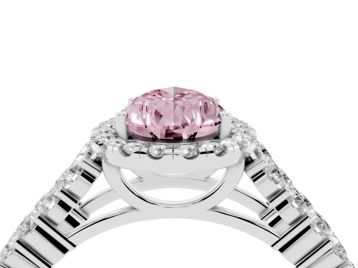 Fancy Pink Pear Cut Diamond Halo Engagement Ring with Triple Row Round Pavé Band and Prong Setting Silver
