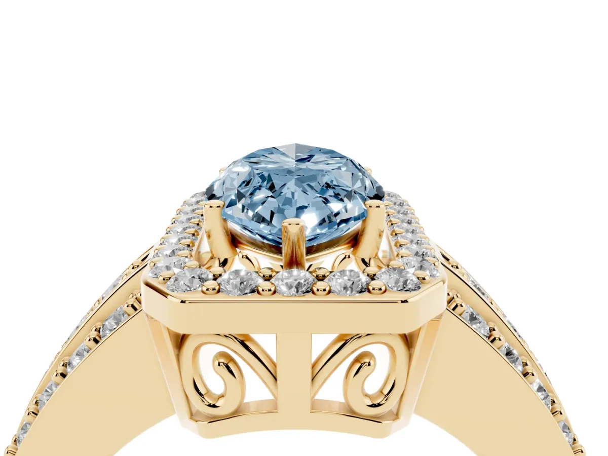 Fancy Blue Marquise Cut Halo Diamond Ring with Round Split Shank and Prong Setting Yellow gold
