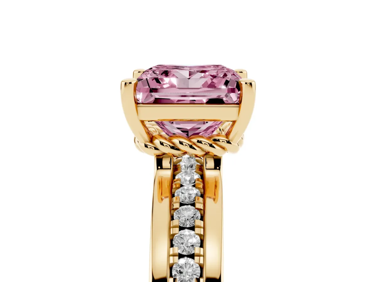 Fancy Pink Princess Cut Solitaire Diamond Ring with Channel Set Band and Six-Prong Setting Yellow gold