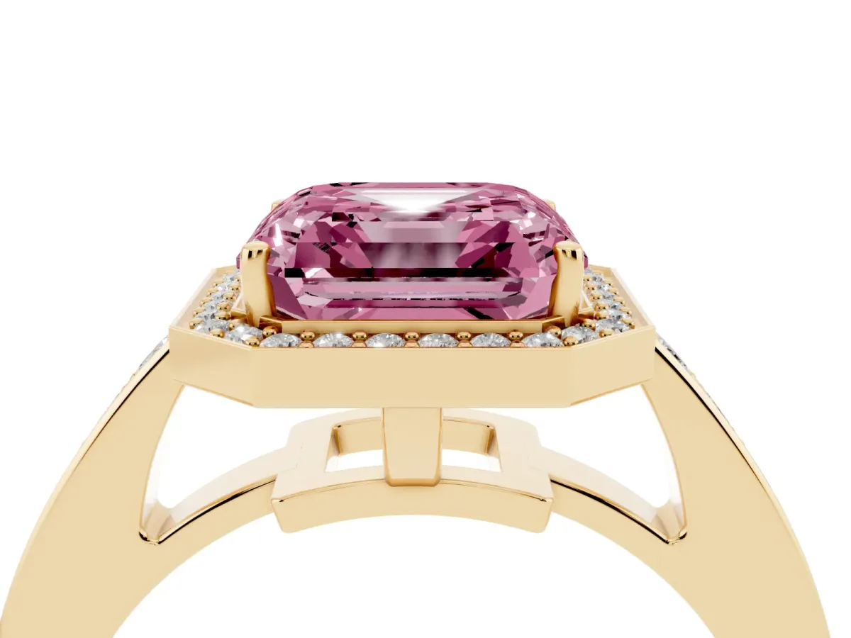 Fancy Pink Asscher Cut Halo Pavé Diamond Engagement Ring with Bezel Setting Yellow gold