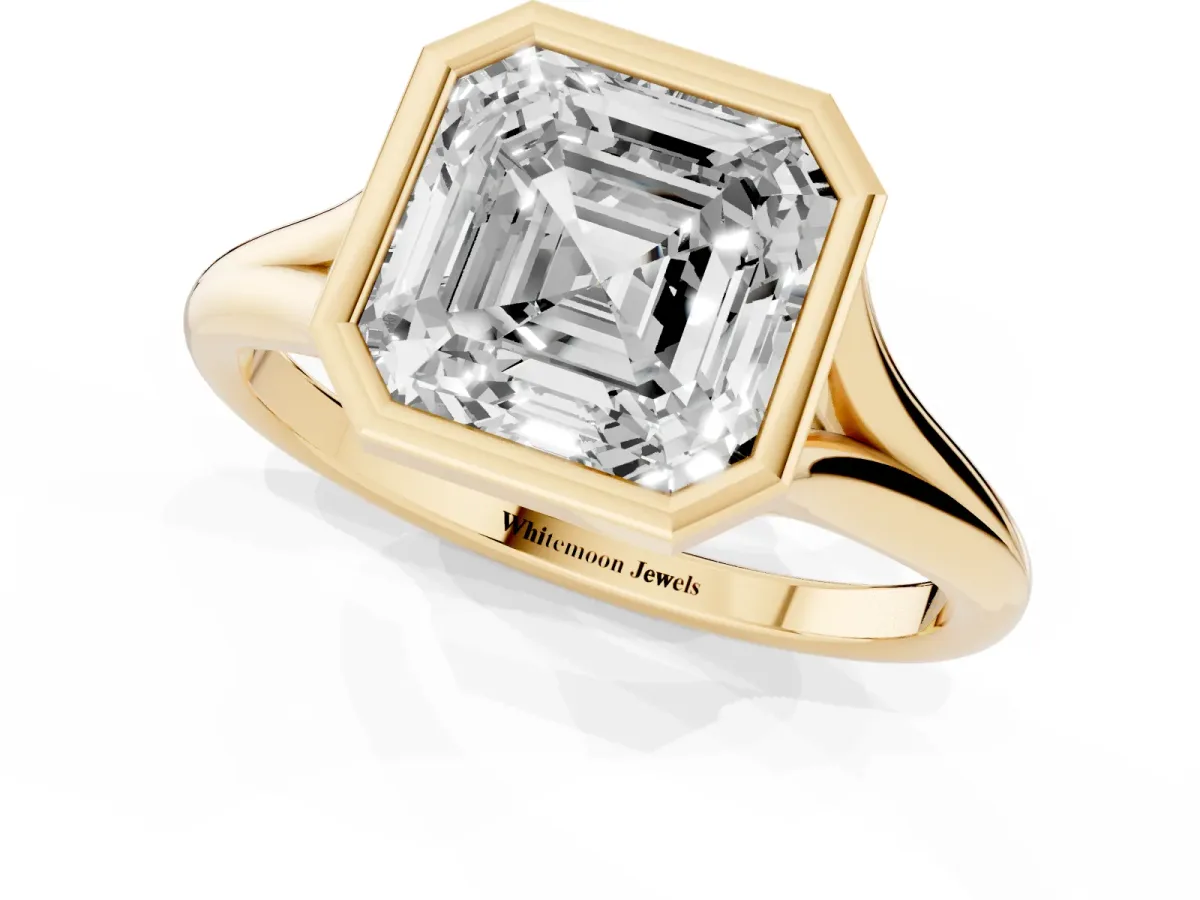 Bezel Set Asscher Cut Cut Solitaire Ring with Tapered Band Yellow gold