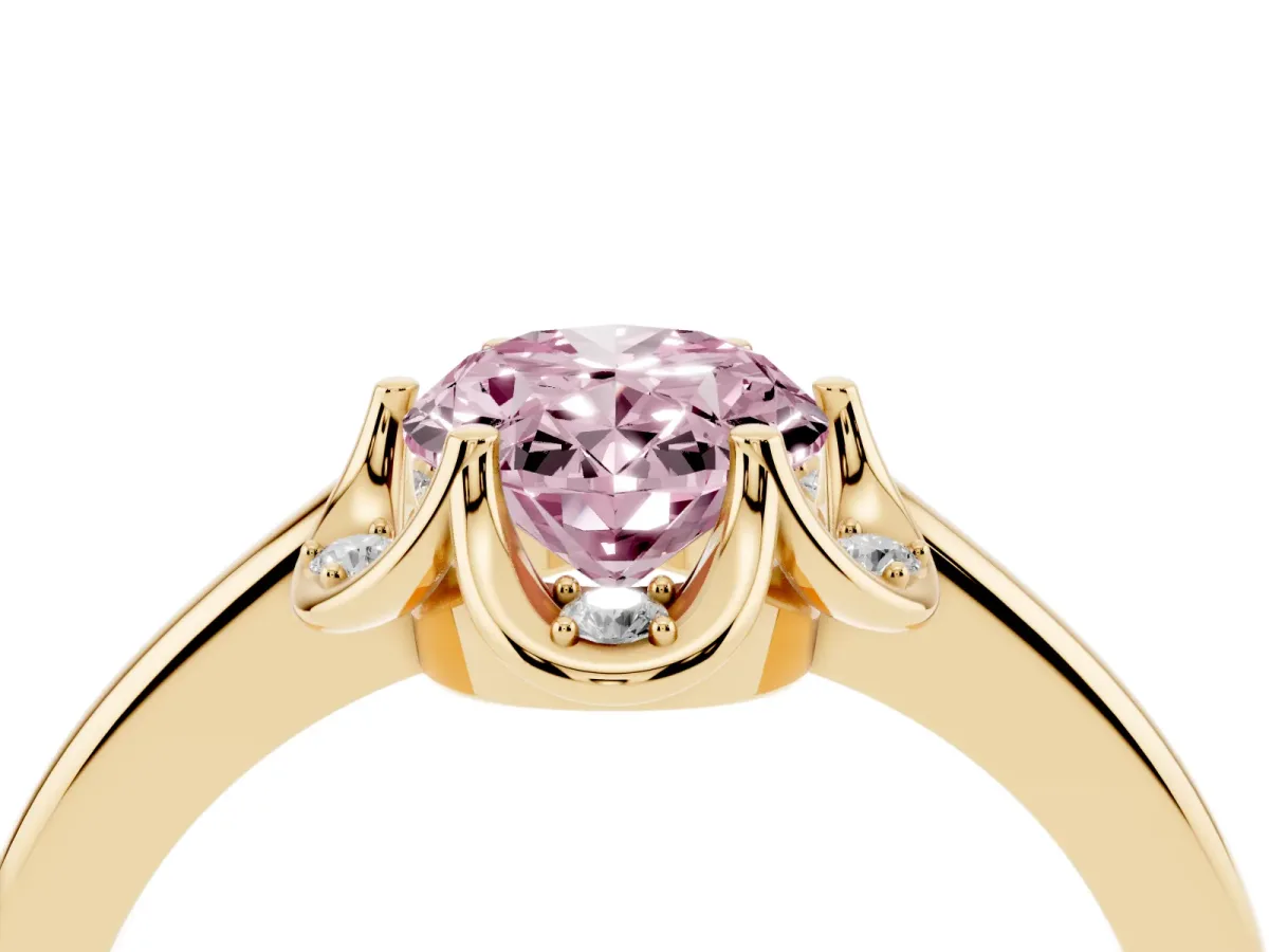 Fancy Pink Oval Cut Halo Diamond Ring with Round Cluster Setting, Solitaire Band, and Four-Prong Setting Yellow gold