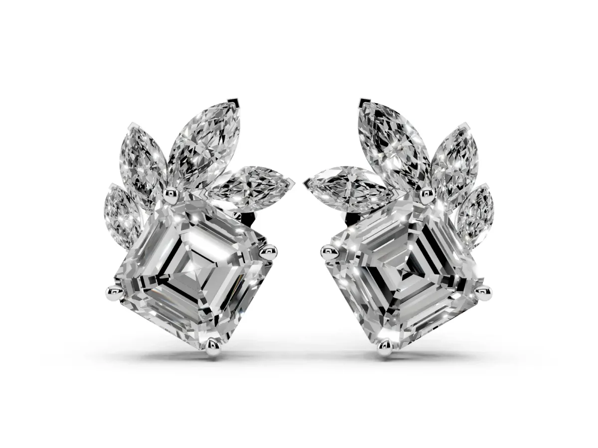 Asscher and Marquise Diamond Cluster Stud Earrings Silver