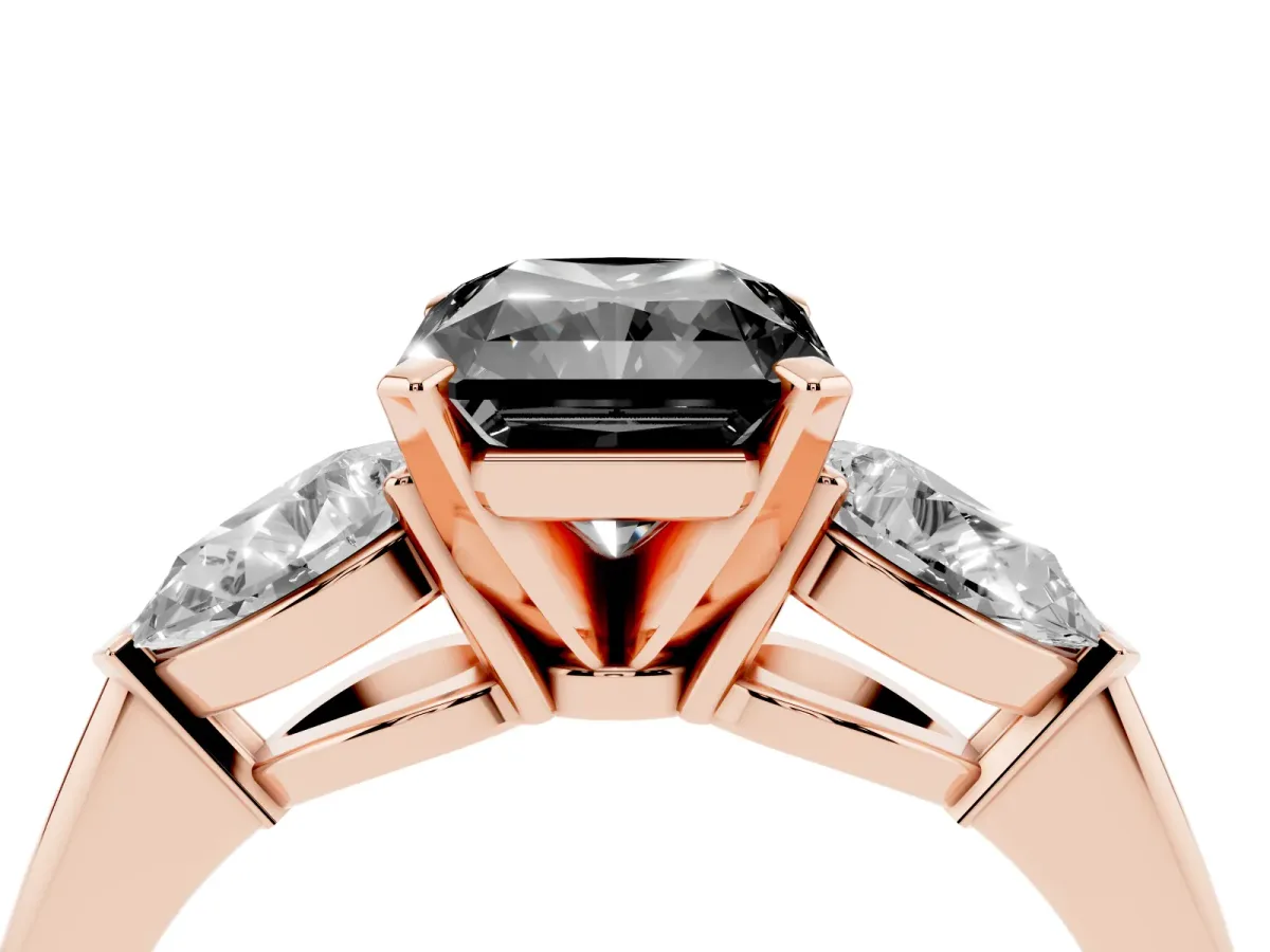 Fancy Black Three-Stone Radiant Cut Diamond Ring with Pear Side Stones and Four-Prong Setting Rose gold