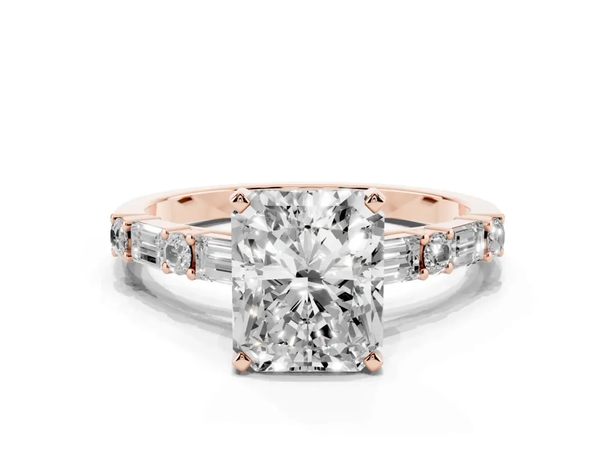 Radiant Cut Diamond Solitaire with Side Baguettes and Channel Set Band Rose gold