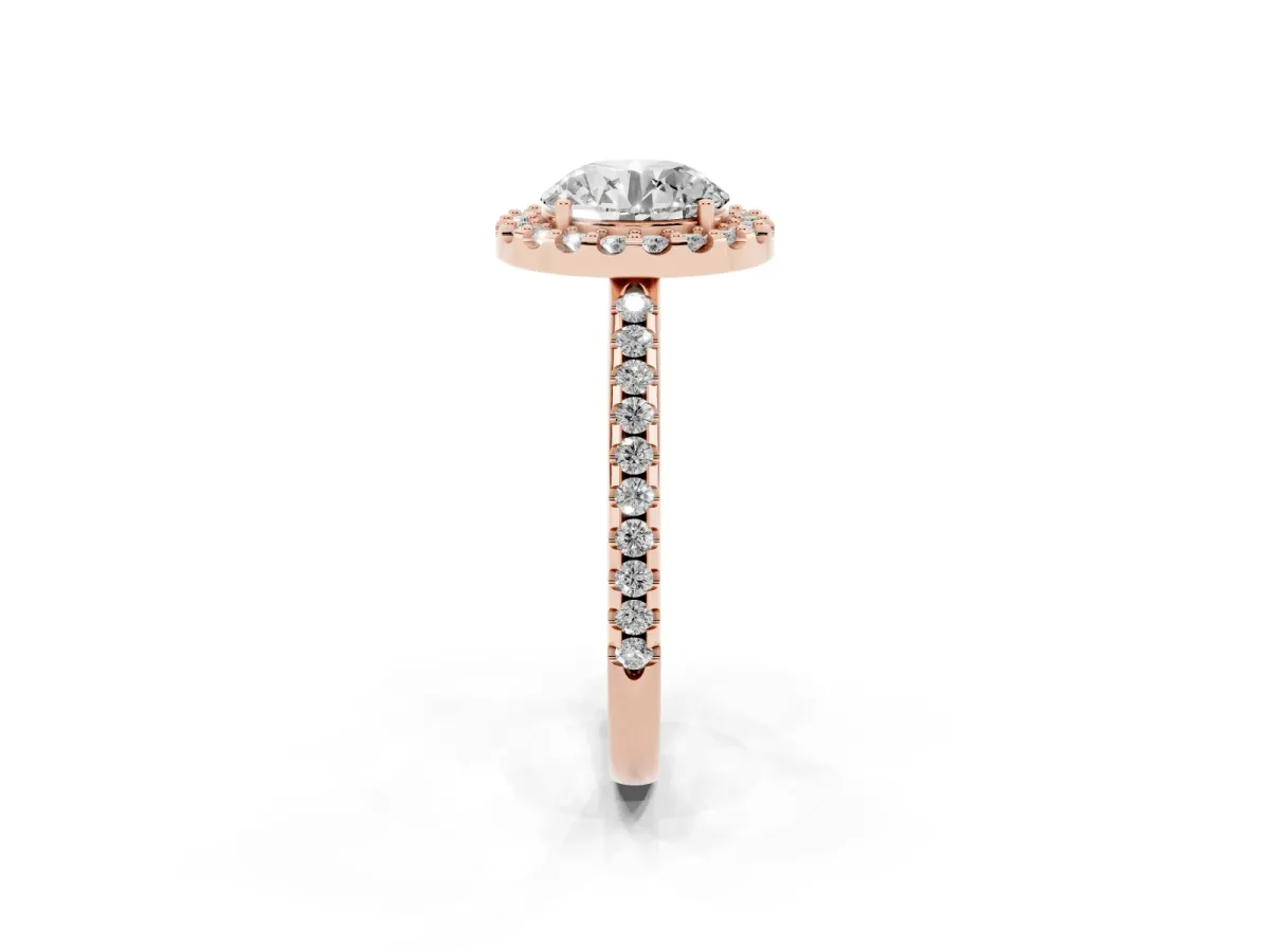 Round Cut Diamond Pavé Halo Ring with Four-Prong Setting Rose gold