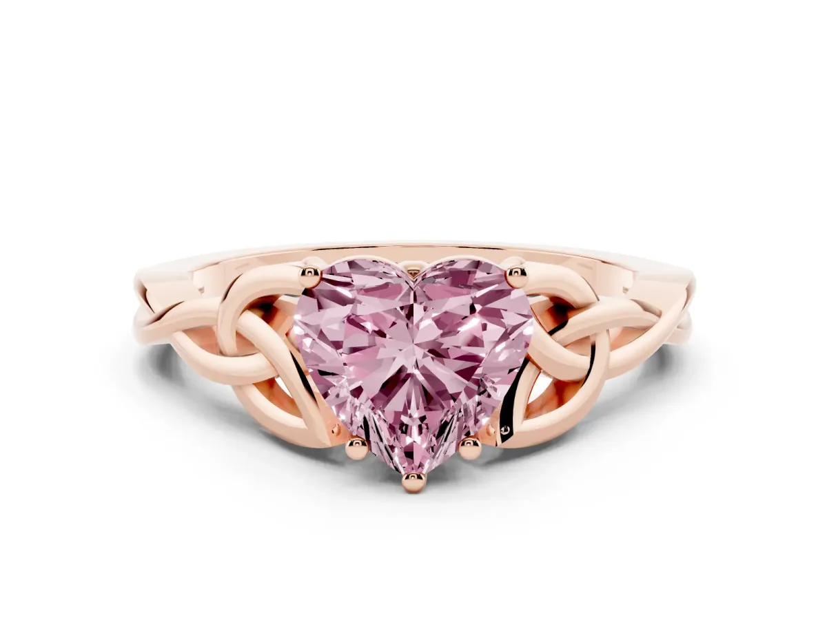 Fancy Pink Heart Cut Diamond Solitaire Engagement Ring with Celtic Knot Band and Four-Prong Setting Rose gold