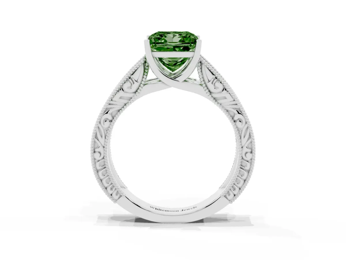 Fancy Green Princess Cut Diamond Solitaire Ring with Engraved Band and Four-Prong Setting Silver