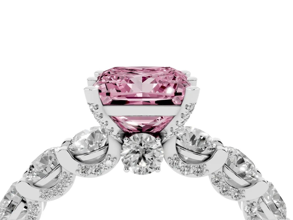 Fancy Pink Princess Cut Diamond Side Stone Engagement Ring with Four-Prong Setting Platinum
