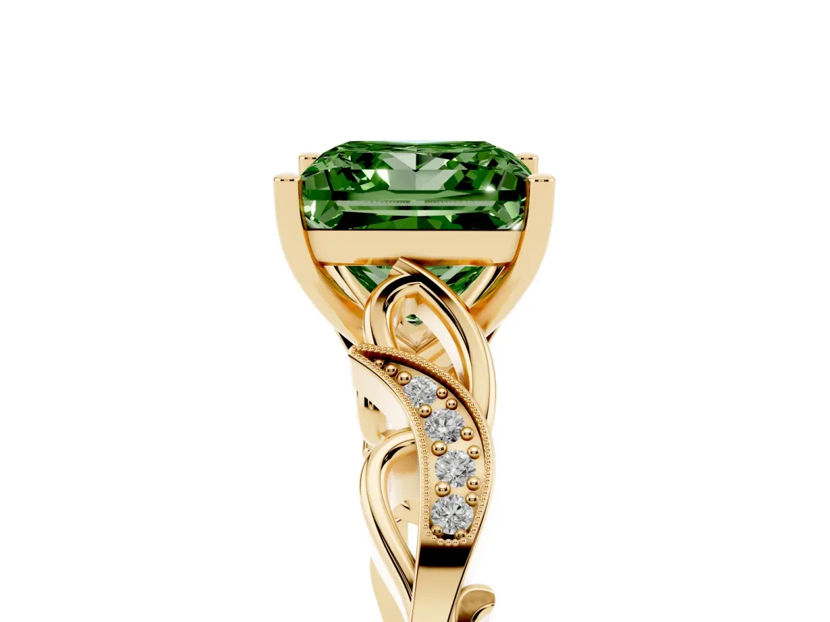 Fancy Green Princess Cut Solitaire Vine Band with Milgrain Prong Setting Yellow gold
