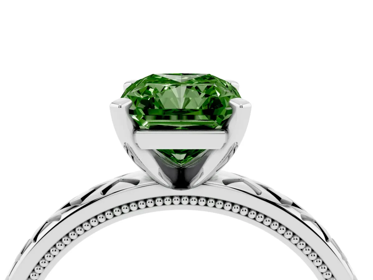 Fancy Green Radiant Cut Solitaire Diamond Ring with Milgrain and Black Enamel X Pattern Band Silver