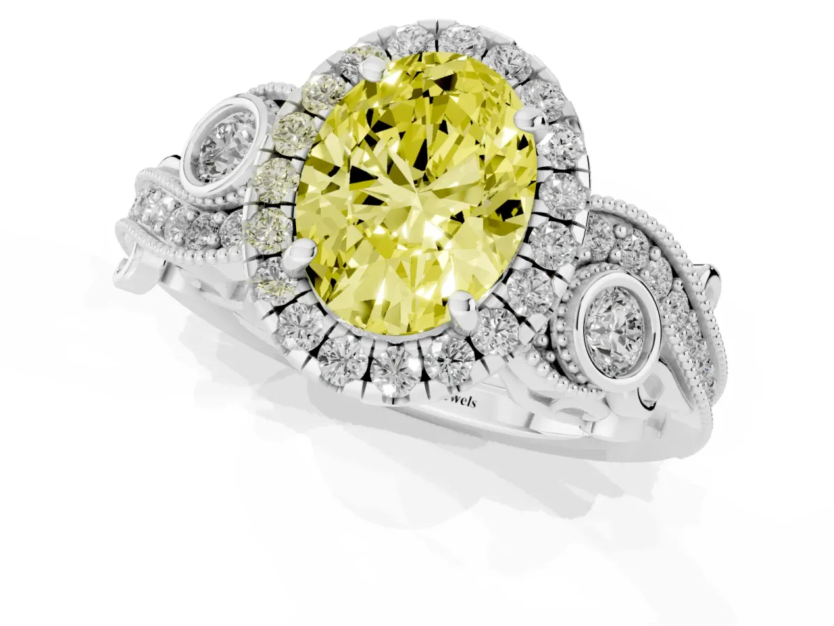Fancy Yellow Oval Cut Halo Diamond Ring with Milgrain and Bezel Accents on a Split Shank Band Platinum