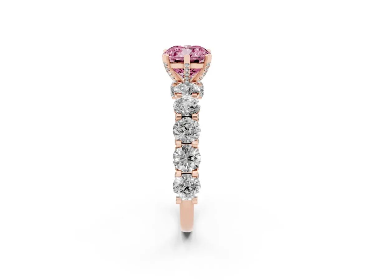 Fancy Pink Cushion Cut Diamond Side Stone Engagement Ring with Four-Prong Setting Rose gold