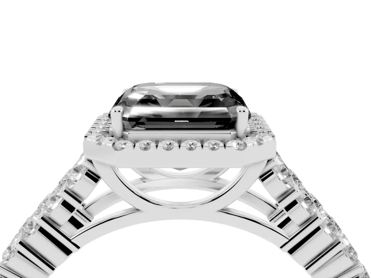 Fancy Black Asscher Cut Diamond Halo Engagement Ring with Triple Row Round Pavé Band and Prong Setting Silver