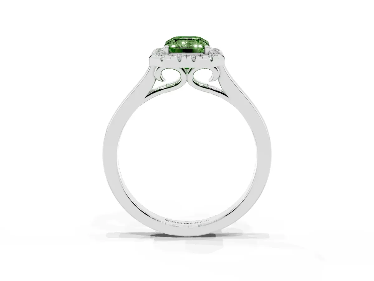 Fancy Green Emerald Cut Halo Round Diamond Solitaire Ring with Pavé Band and Four-Prong Setting Platinum