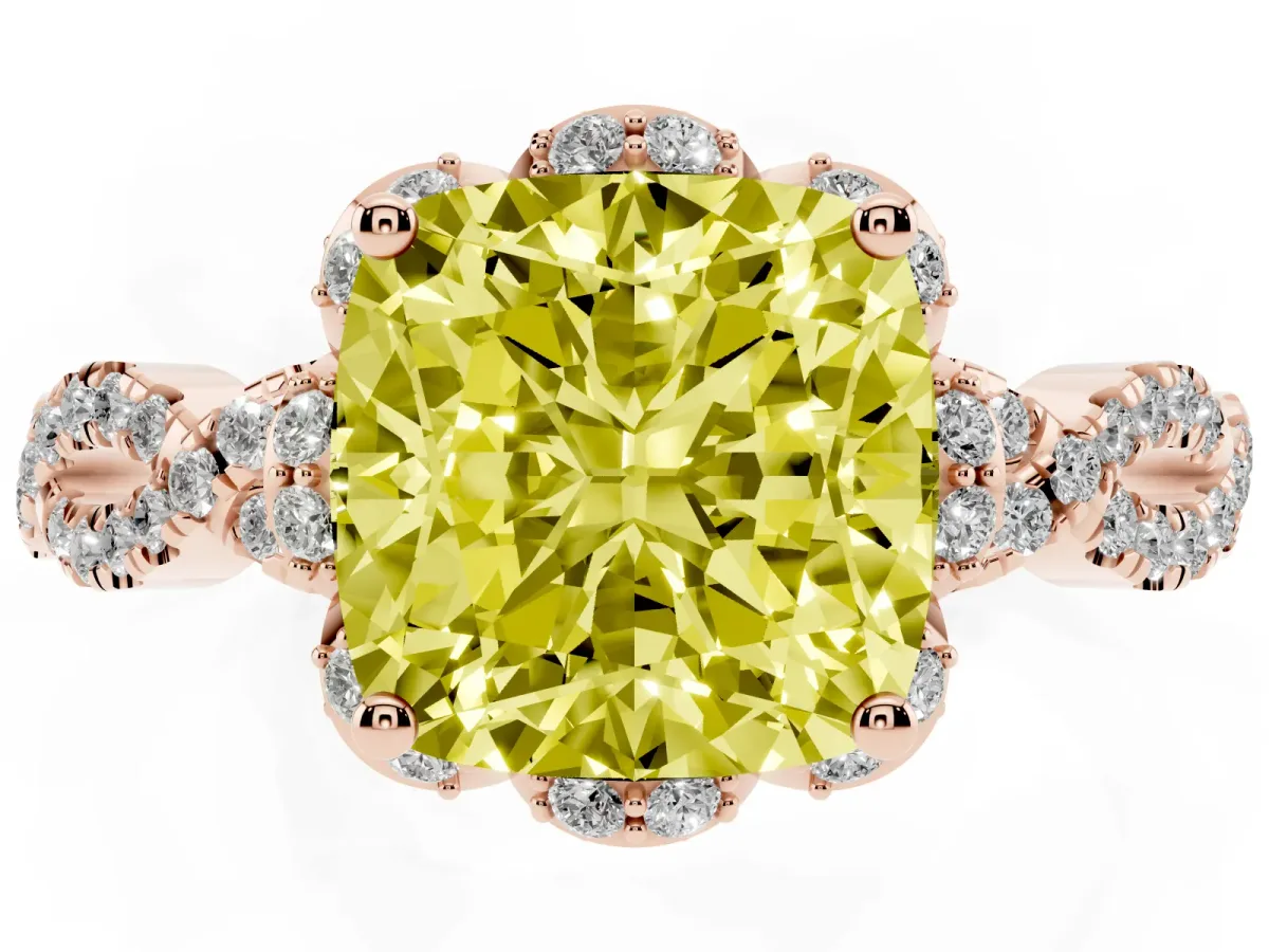 Fancy Yellow Cushion Cut Halo Twist Band Solitaire Ring with Six-Prong Setting Rose gold