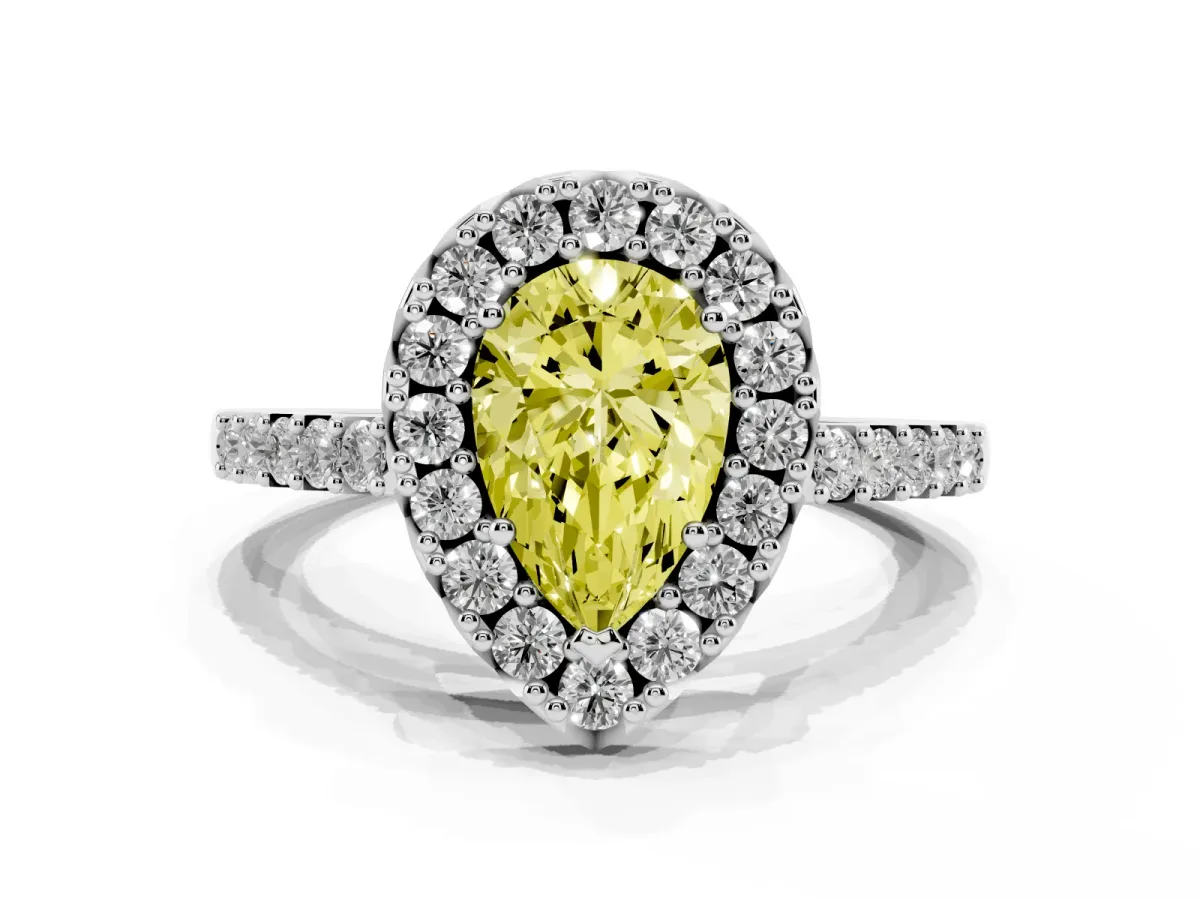 Fancy Yellow Pear Cut Halo Diamond Pavé Solitaire Ring White gold