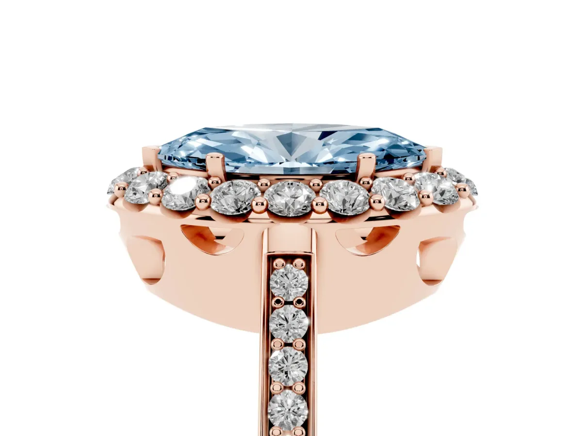 Fancy Blue Marquise Cut Diamond Floral Halo Ring with Pavé Band and Prong Setting Rose gold