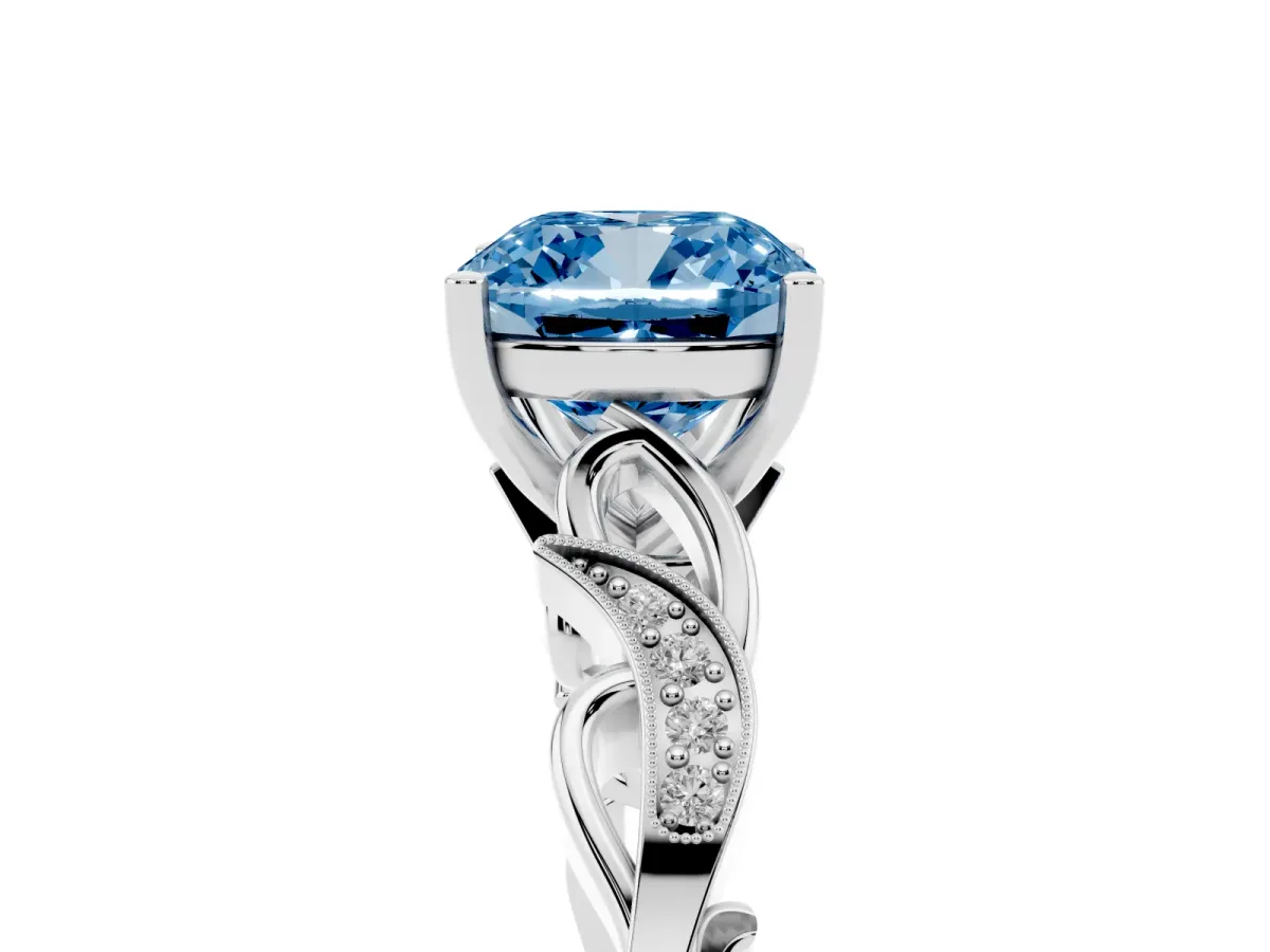 Fancy Blue Cushion Cut Solitaire Vine Band with Milgrain Prong Setting Silver