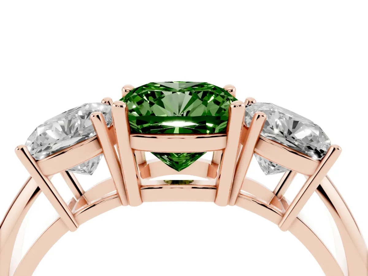 Fancy Green Three-Stone Cushion Cut Cut Diamond Engagement Ring with Prong Setting on a White Gold Band Rose gold