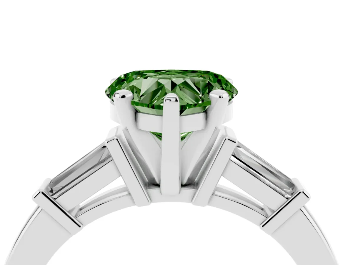 Fancy Green Heart Cut Cut Diamond Solitaire Ring with Tapered Baguette Accents and Four-Prong Setting Platinum