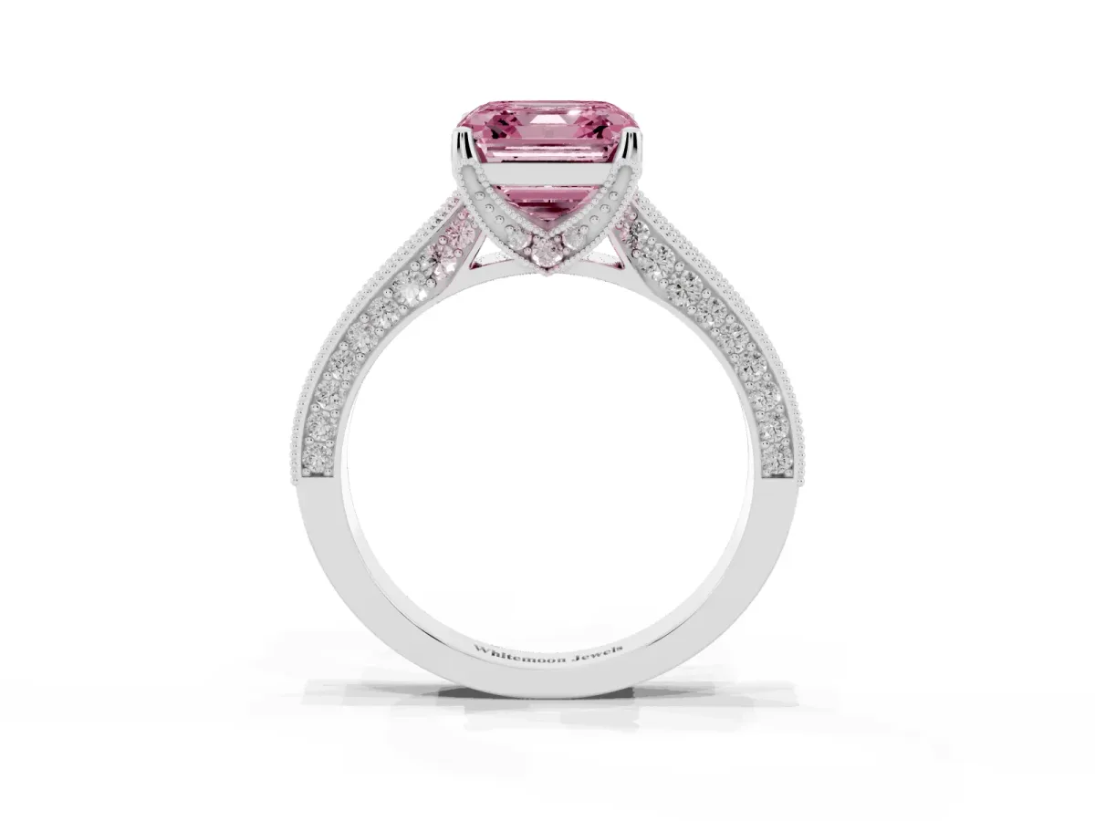 Fancy Pink Asscher Cut Cut Diamond Solitaire Ring with Milgrain Pave Band and Four Prong Setting Silver