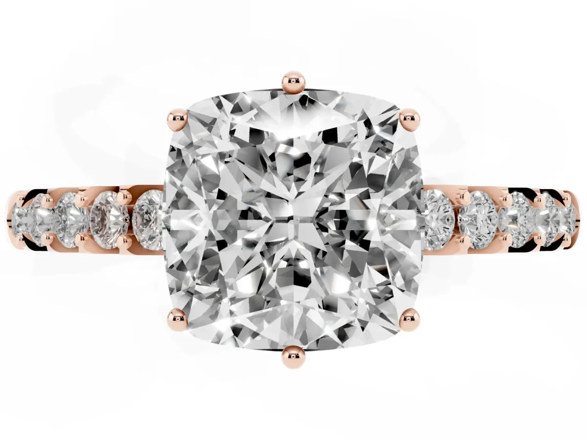Cushion Cut Solitaire Diamond Engagement Ring with Pavé Band and Six-Prong Setting Rose gold