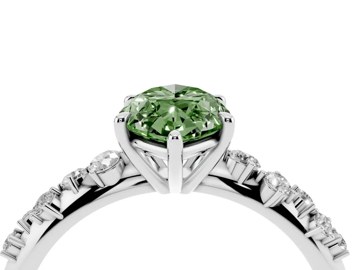Fancy Green Marquise Cut Diamond Cluster Side Stone Solitaire Ring with Prong Setting Silver