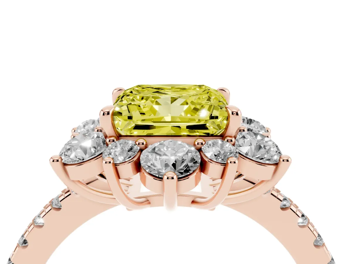 Fancy Yellow Princess Cut Diamond Floral Halo Ring with Round Pavé Band and Prong Setting Rose gold