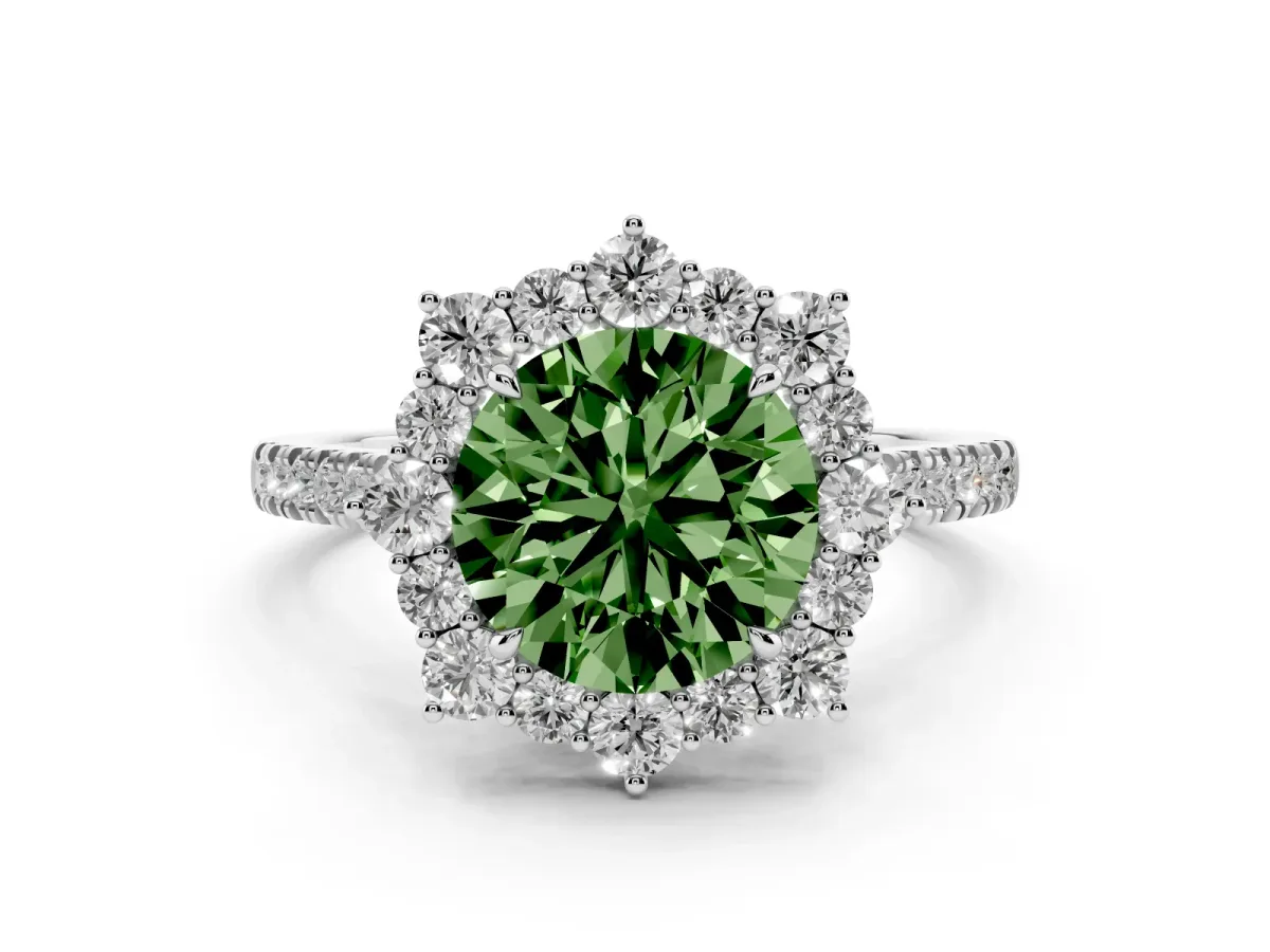 Fancy Green Round Cut Halo Diamond Ring with Pavé Band and Prong Setting Silver