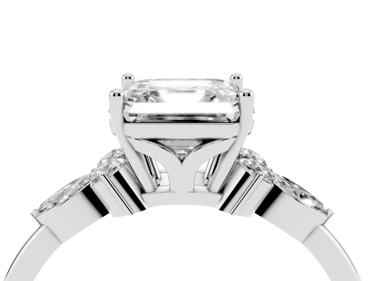 Asscher Cut Brilliant Diamond Solitaire Ring with Pear Side Stones and Four-Prong Setting Silver