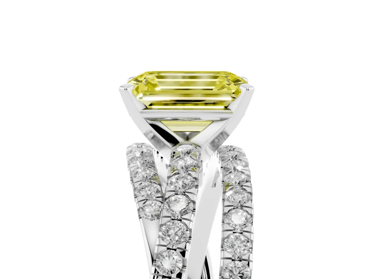 Fancy Yellow Emerald Cut Solitaire Twist Band with Pavé Setting and Four-Prong Setting Silver