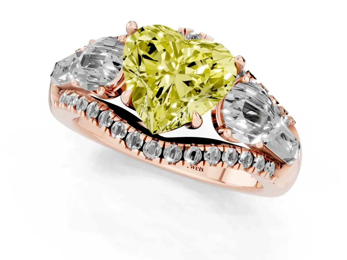 Fancy Yellow Three-Stone Heart Cut Diamond Engagement Ring with Pave Band and Prong Setting Rose gold