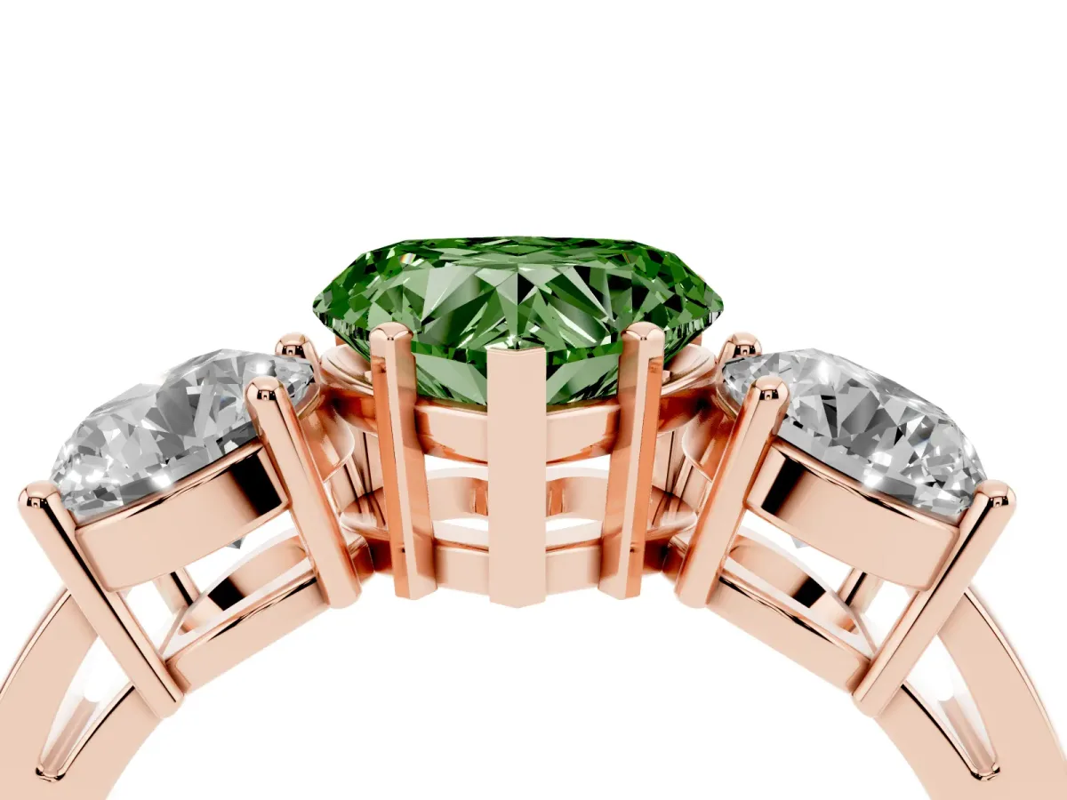 Fancy Green Three-Stone Heart Cut Diamond Ring with Round Side Stones, Classic Band, and Four-Prong Setting Rose gold