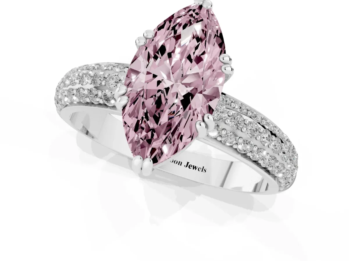 Fancy Pink Marquise Cut Diamond Solitaire Ring with Multi-Row Round Pavé Band and Prong Setting Platinum