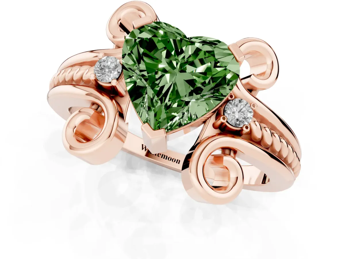 Fancy Green Heart Cut Solitaire Twisted Band Scroll Prong Ring Rose gold