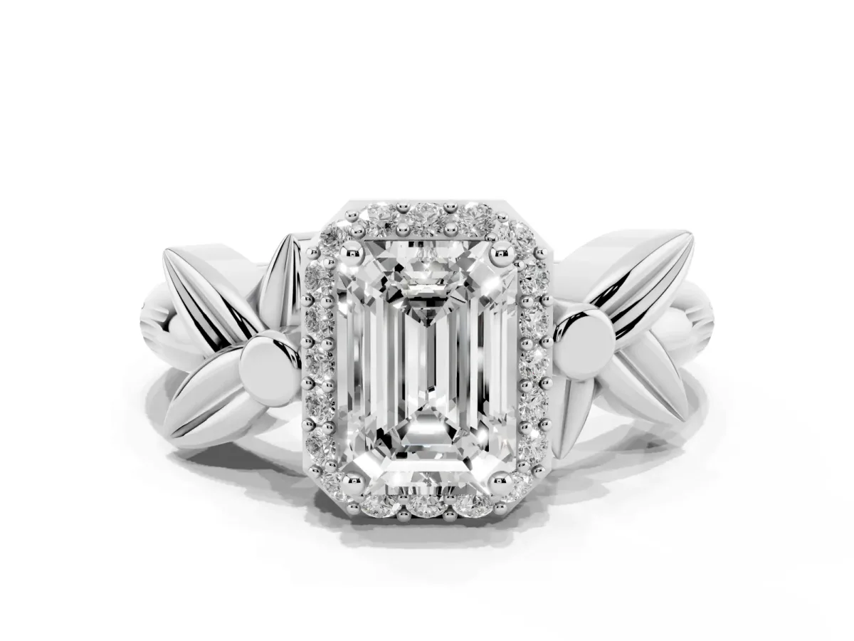 Emerald Cut Halo Diamond Floral Band with Four-Prong Setting Platinum