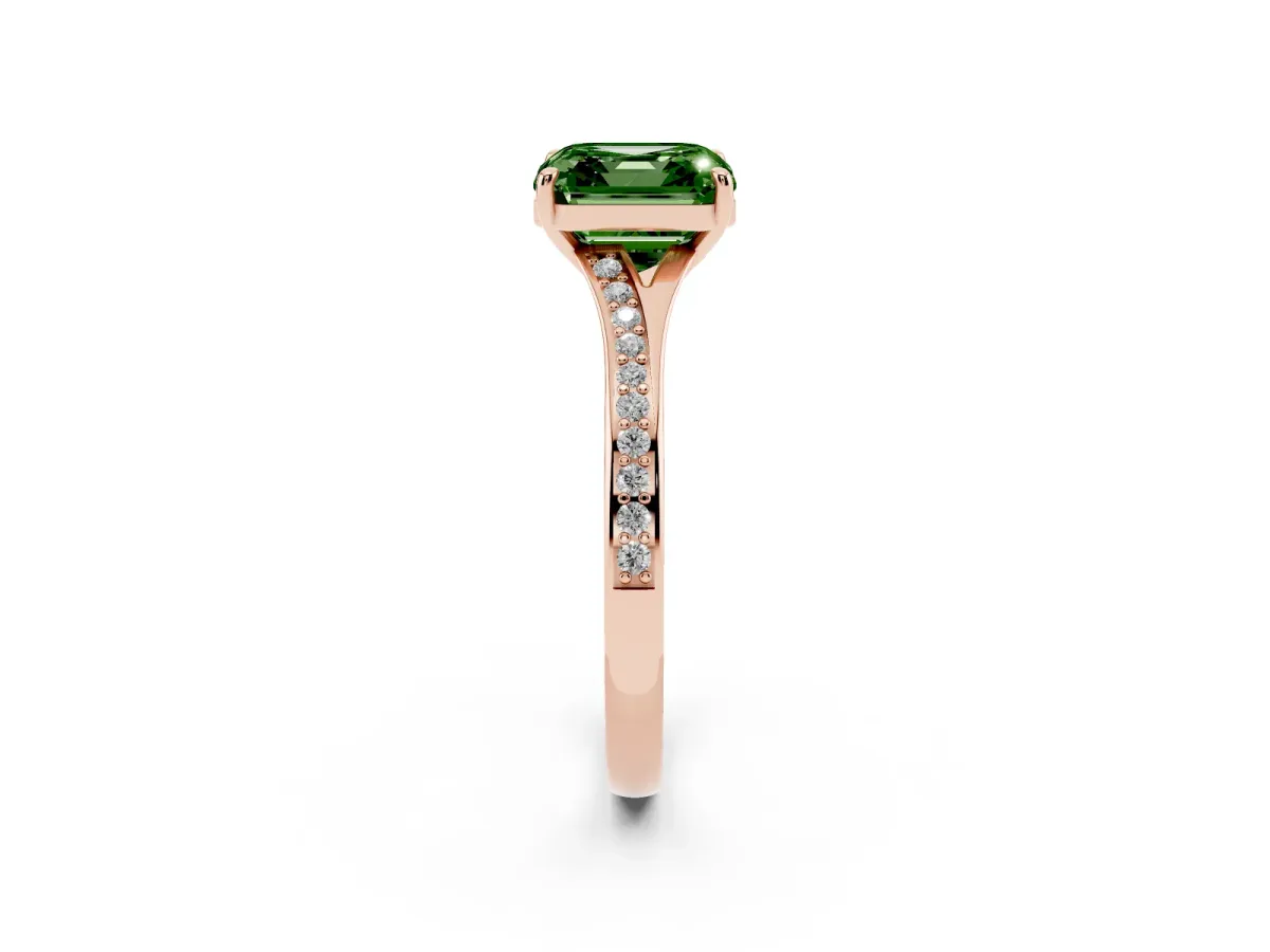 Fancy Green Asscher Cut Diamond Solitaire Ring with Pavé Band and Prong Setting Rose gold