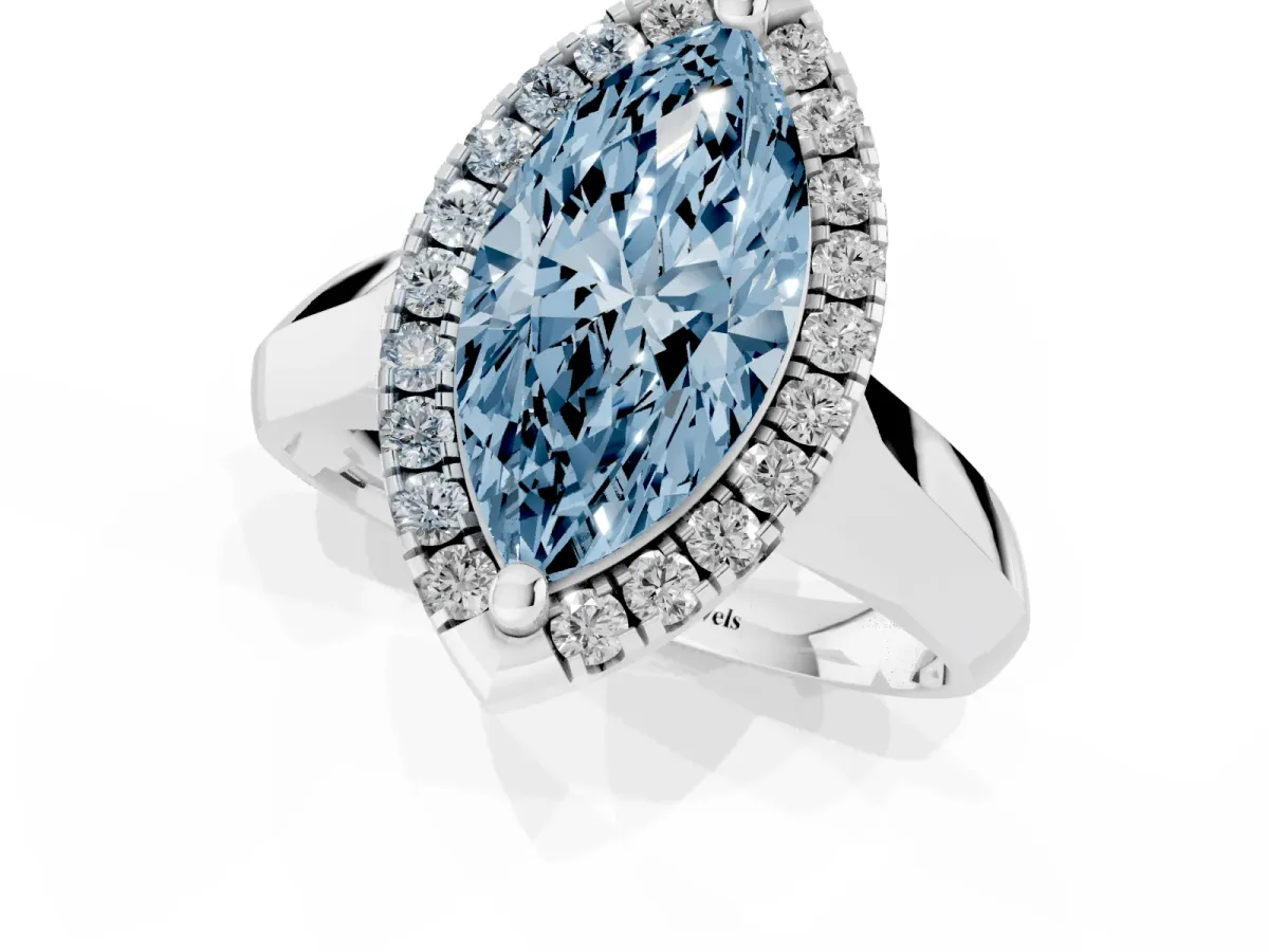 Fancy Blue Marquise Cut Cut Halo Solitaire Engagement Ring with Square Band and Four-Prong Setting White gold