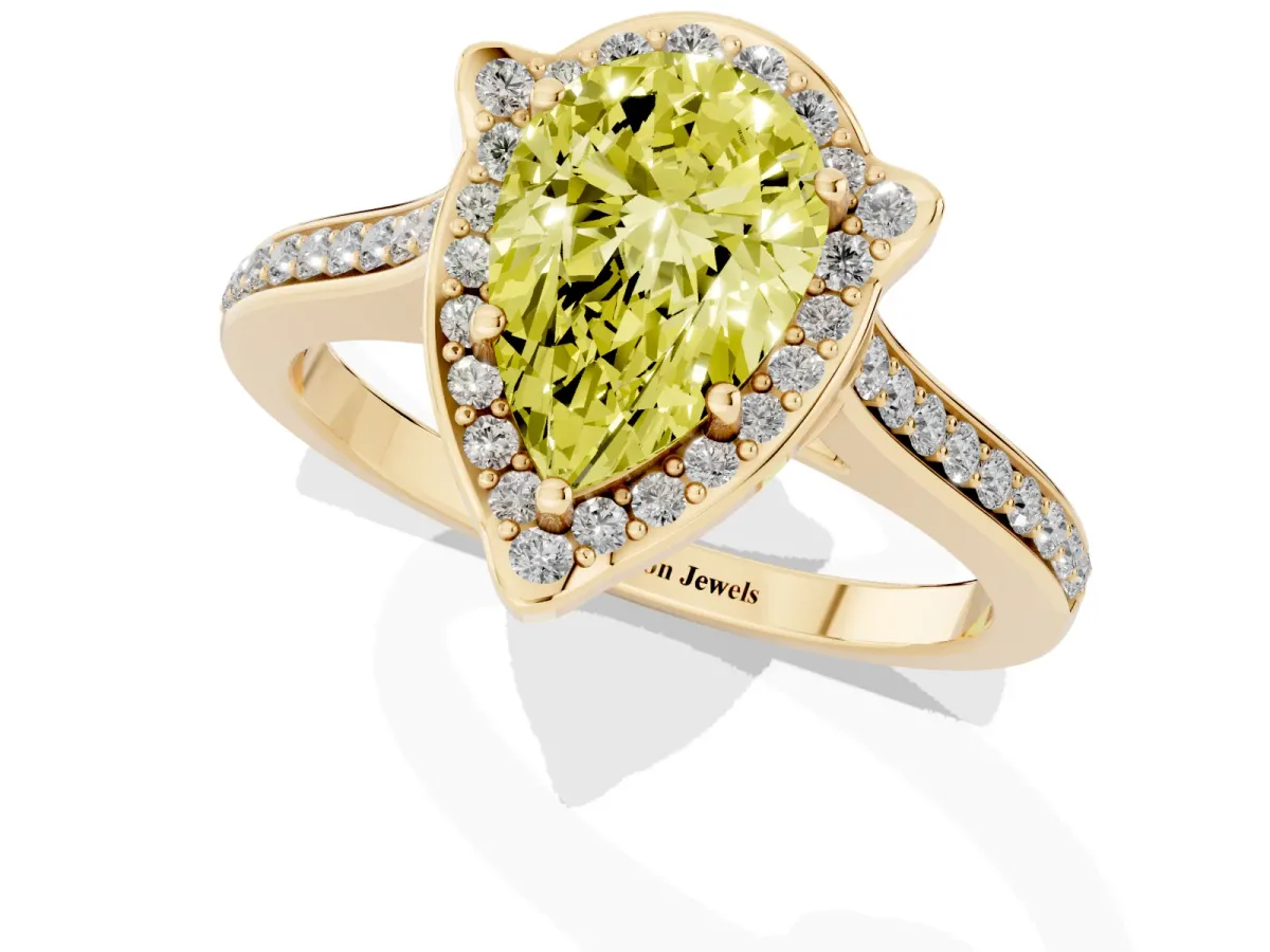 Fancy Yellow Pear Cut Halo Round Diamond Pave Band with Four-Prong Setting Yellow gold