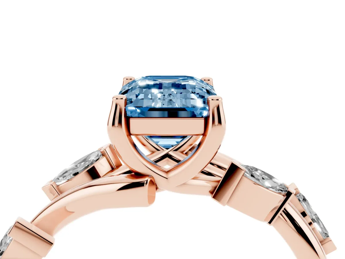 Fancy Blue Emerald Cut Solitaire Twisted Band Marquise Accent Prong Setting Ring Rose gold
