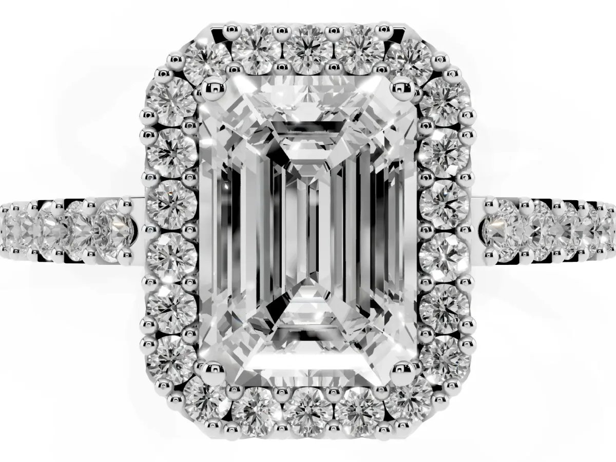 Emerald Cut Halo Diamond Pavé Solitaire Ring Platinum