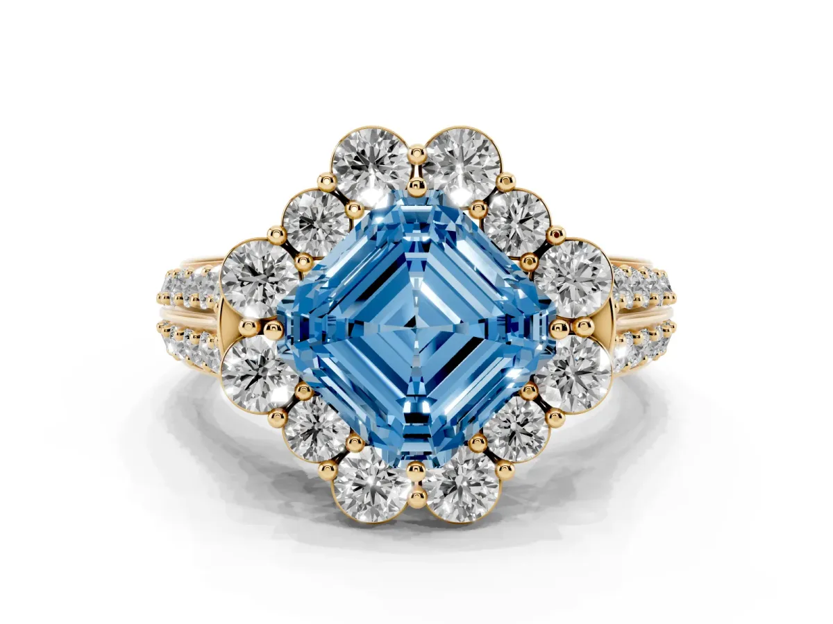 Fancy Blue Asscher Cut Halo Diamond Engagement Ring with Split Shank and Prong Setting Yellow gold
