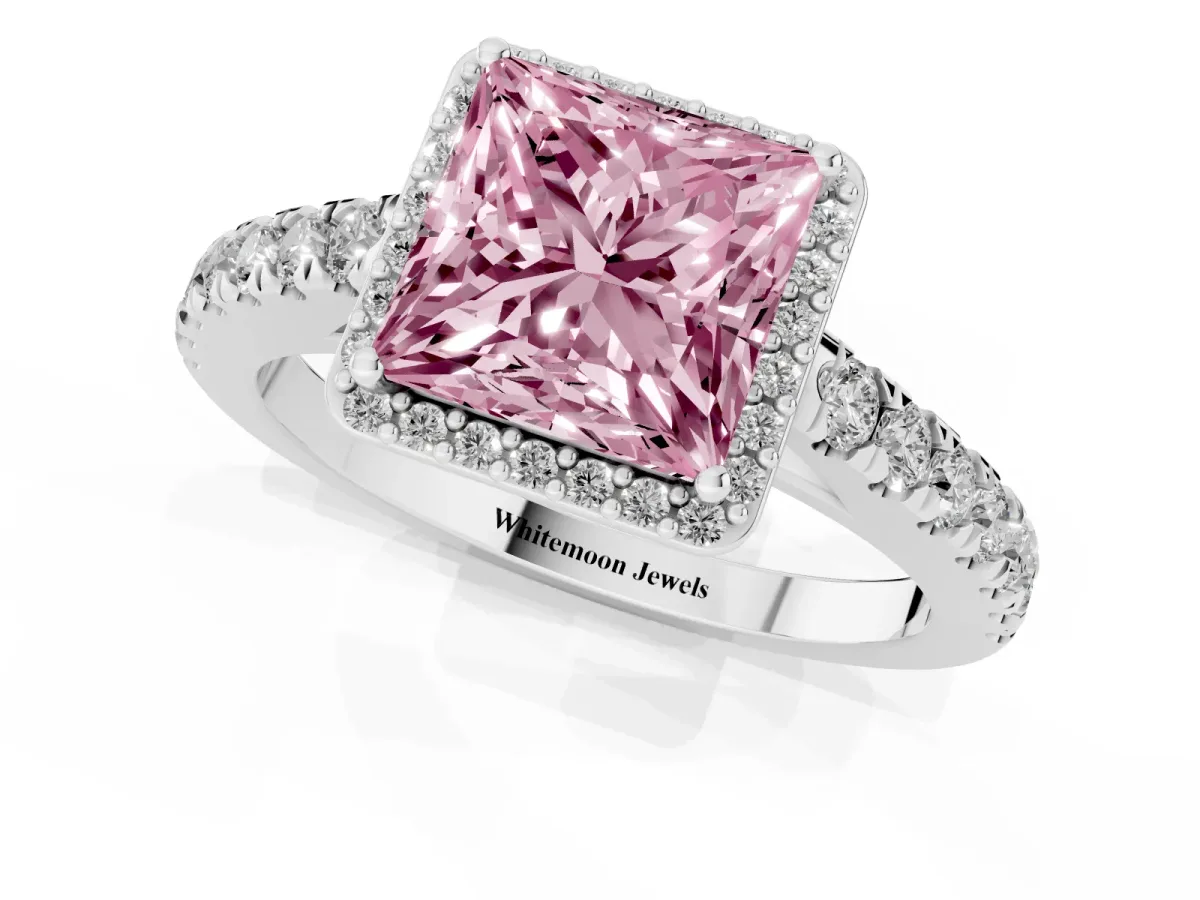 Fancy Pink Princess Cut Cut Halo Diamond Engagement Ring with Pave Band and Four-Prong Setting Platinum