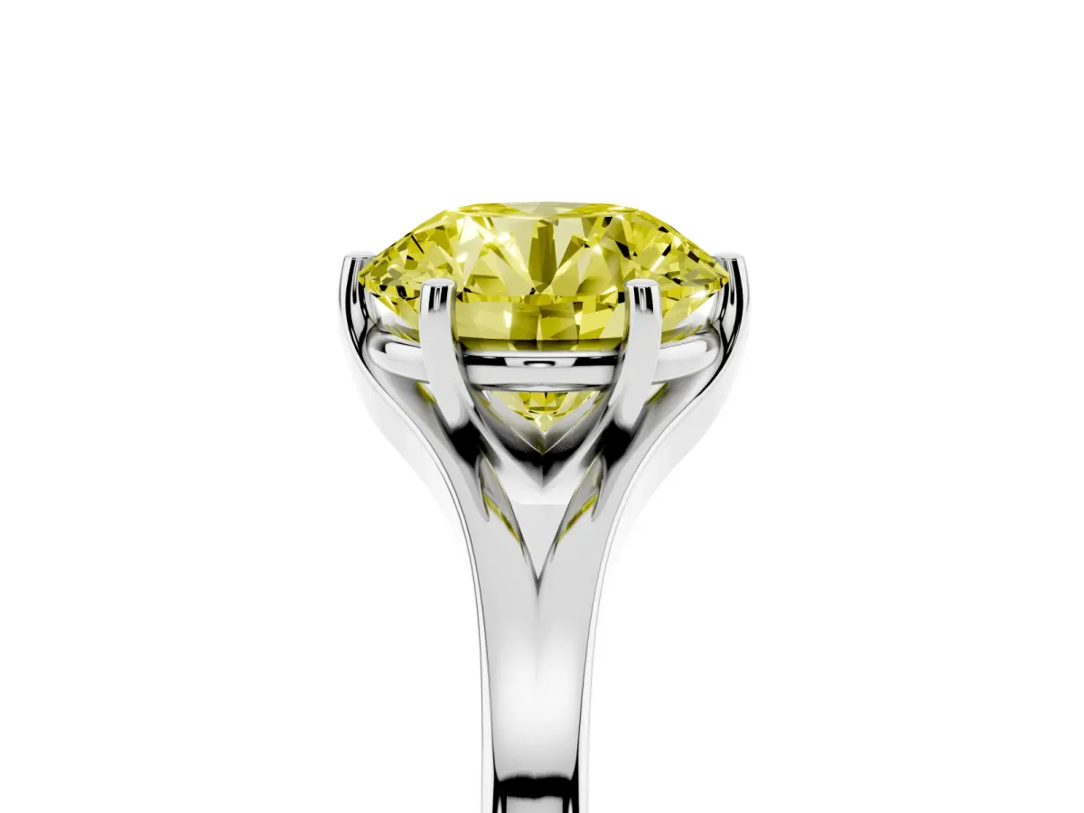 Fancy Yellow Round Cut Solitaire Diamond Ring with Six-Prong Setting and Tapered Band Platinum