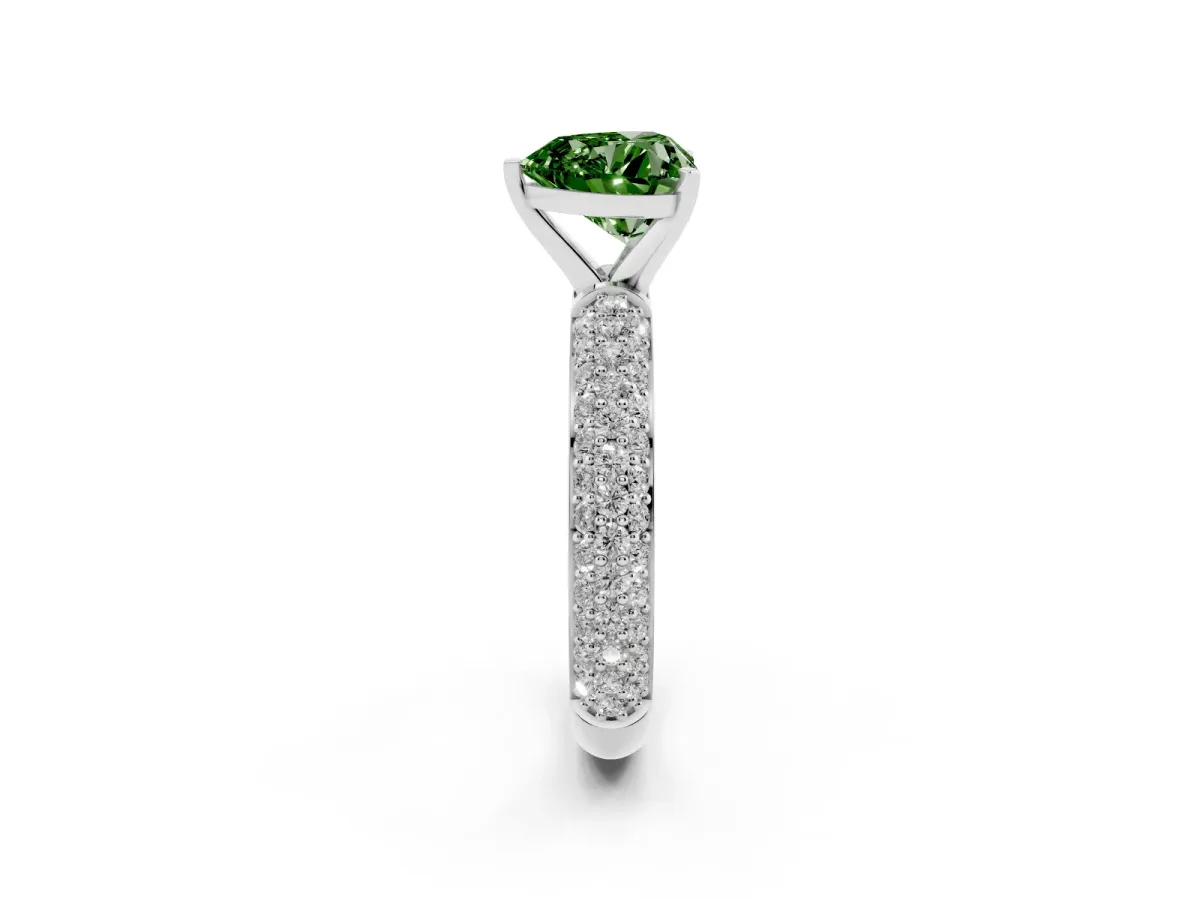 Fancy Green Heart Cut Diamond Solitaire Ring with Prong Setting and Pavé Band Silver