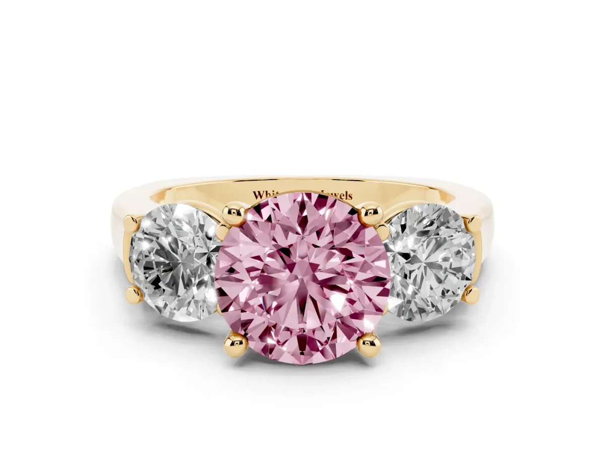 Fancy Pink Three-Stone Round Cut Brilliant Diamond Trellis Ring with Comfort Fit Band Yellow gold