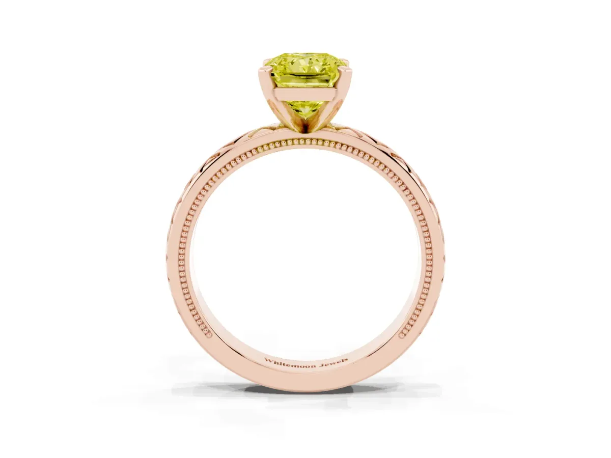 Fancy Yellow Radiant Cut Solitaire Diamond Ring with Milgrain and Black Enamel X Pattern Band Rose gold