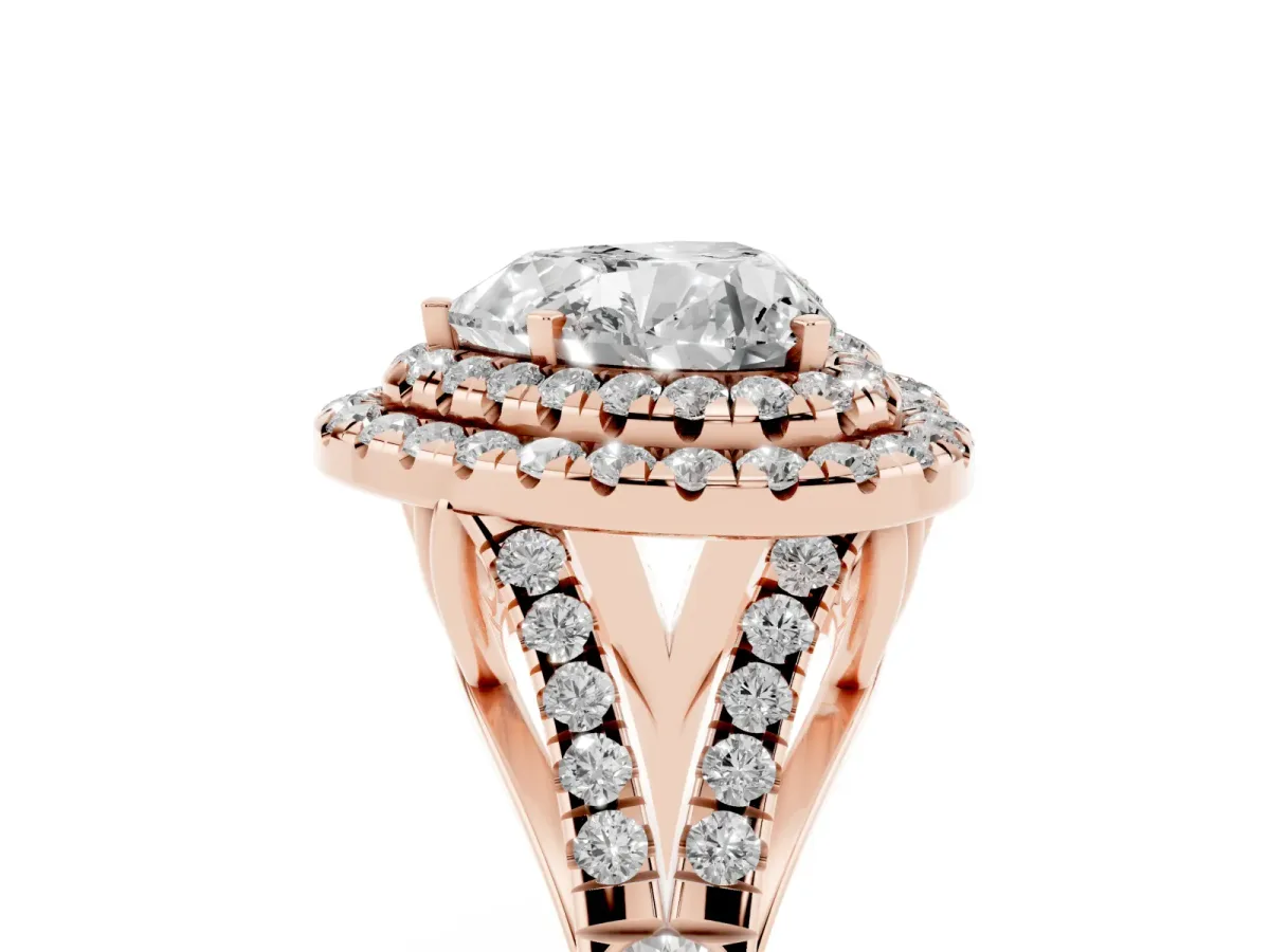 Heart Cut Cut Double Halo Split Shank Diamond Ring with Prong Setting Rose gold